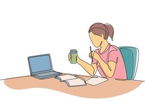 un solo dibujo de una joven empleada seria sentada pensativamente en su silla de trabajo mientras mira la computadora. Ideas de pensamiento en el concepto de trabajo ilustración de vector de diseño de dibujo de línea continua