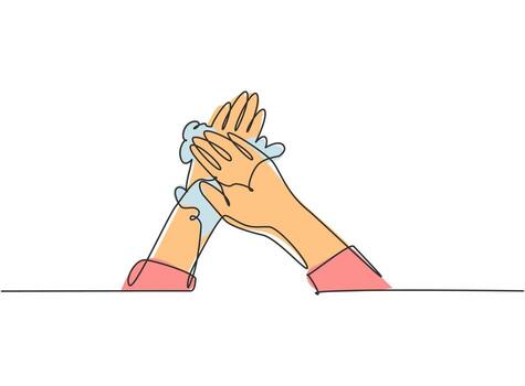 Single one line drawing of twelve steps hand washing by rubbing the back of the hands with soap and water flow. Hand hygiene is part of health. One line draw design graphic vector illustration.