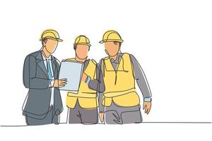 One continuous line drawing of young managers explaining short brief about construction concept to construction builders. Building architecture business concept. Single line draw design illustration vector