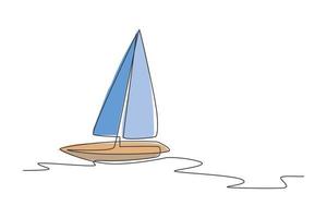 dibujo de una sola línea de barco de vela navegando en la ilustración de vector de mar. concepto de vehículo de transporte de agua. diseño gráfico de dibujo de línea continua moderna