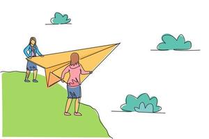 Un solo dibujo de una línea de dos jóvenes empresarias sueltan un avión de papel desde la cima de la montaña. objetivo comercial. concepto mínimo de metáfora. Ilustración de vector gráfico de diseño de dibujo de línea continua moderna