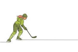 One continuous line drawing of young professional ice hockey player exercising and practicing on ice rink stadium. Healthy extreme sport concept. Dynamic single line draw design vector illustration