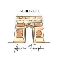 Single one line drawing of welcome to Arc de Triomphe landmark. Historical iconic place in Paris. Tourism and travel greeting postcard concept. Modern continuous line draw design vector illustration