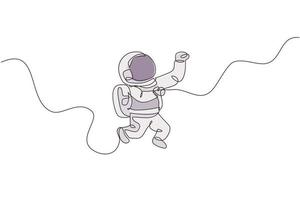 dibujo de una sola línea continua del joven científico cosmonauta que descubre el universo de la caminata espacial en estilo vintage. concepto de viajero cósmico astronauta. Ilustración gráfica de vector de diseño de dibujo de una línea de moda