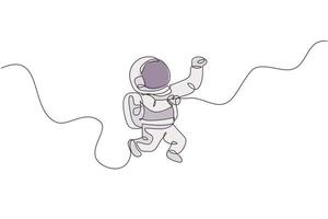 Single continuous line drawing of young cosmonaut scientist discovering spacewalk universe in vintage style. Astronaut cosmic traveler concept. Trendy one line draw design vector graphic illustration