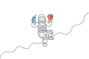 One single line drawing of astronaut flying in cosmos galaxy while holding soft soda drink and french fries vector illustration. Fantasy outer space life concept. Modern continuous line draw design