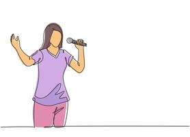 un dibujo de línea continua de una joven cantante feliz sosteniendo un micrófono y cantando en un festival de música. Músico artista concepto de rendimiento de una sola línea dibujar diseño gráfico ilustración vectorial vector