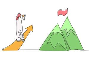 Continuous one line drawing young Arab businessman looking flag at top mountain as business goal target. Business vision minimalist concept. Trendy single line draw design vector graphic illustration