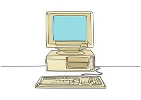 dibujo de línea continua única de la unidad de procesador de computadora personal clásica antigua retro. CPU vintage con monitor analógico y concepto de elemento de teclado dibujar una línea ilustración de vector de diseño gráfico