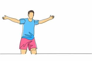 Single continuous line drawing of young sporty football player running around the stadium and spreading his arm on field. Match soccer goal celebration concept one line draw design vector illustration