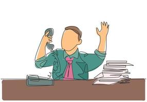 Single continuous line drawing of young bored male worker receiving phone call from customer behind stack of paper. Daily overload job at the office concept. One line draw design vector illustration