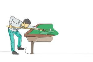 Single continuous line drawing of young handsome professional athlete man playing pool billiards at billiard room in bar. Indoor sport game concept. Trendy one line draw design vector illustration