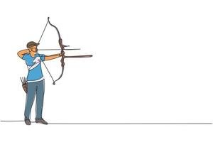 One continuous line drawing of young archer man pulling bow to shooting an archery target. Archery sport training and exercising concept. Dynamic single line draw design graphic vector illustration