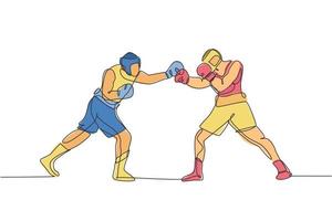 One continuous line drawing of two young sporty men boxer duel at boxing ring. Competitive combat sport concept. Dynamic single line draw design vector illustration for boxing match promotion poster