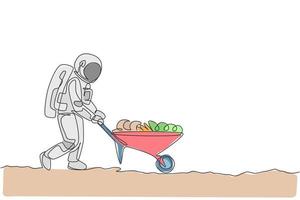 One single line drawing of astronaut pushing wheelbarrow full of fruits and vegetables in moon surface vector illustration graphic. Outer space farming concept. Modern continuous line draw design