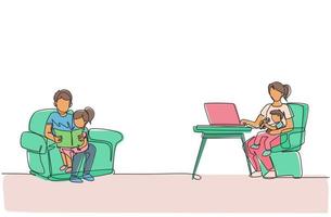 Single continuous line drawing of young father reading book to daughter and mother typing on laptop at home. Happy family parenting concept. Trendy one line draw design vector illustration