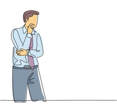 One single line drawing of young male manager focus thinking solution for company problems at the office. Solution strategy concept. Trendy continuous line draw design graphic vector illustration