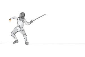 Single continuous line drawing of young professional fencer athlete woman in fencing mask and rapier. Competitive fighting sport competition concept. Trendy one line draw design vector illustration