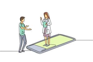 Single continuous line drawing female doctor standing on smartphone, in front of her standing male patient. Online doctor consultation concept. Dynamic one line draw graphic design vector illustration