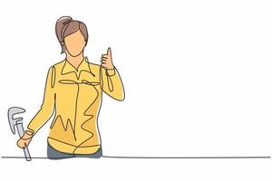 Continuous one line drawing a plumber woman with a thumbs-up gesture at work fixing leaking drains in sinks and household drains professionally. Single line draw design vector graphic illustration.