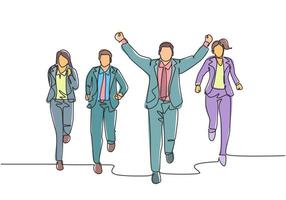 One continuous single line drawing of young happy male manager rise fist to the air after winning cross the finish line beating friends. Sprint race concept single line draw design vector illustration