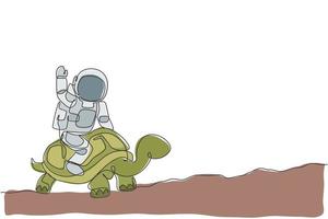 dibujo de una sola línea continua de cosmonauta con traje espacial montando una tortuga y agitando la mano en la superficie de la luna. concepto de viaje de safari de astronauta de fantasía. Ilustración de vector de diseño de dibujo de una línea de moda