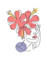 Una sola línea de dibujo belleza cara abstracta con flores naturales ilustración vectorial. concepto de estilo minimalista de retrato de mujer para impresión de decoración de arte de pared. diseño gráfico de dibujo de línea continua moderna vector