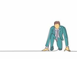 One continuous single line drawing of young happy businessman gets ready to doing sprint run on running track, from front view. Business race concept trendy single line draw design vector illustration