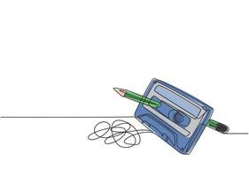 Un dibujo de una sola línea de una cinta de cassette analógica enredada gira con un lápiz de madera. Concepto de elemento musical vintage gráfico de ilustración de vector de diseño de dibujo de línea continua