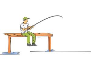 Single continuous line drawing of young happy fisher man fishing big trout fish in dock pier while sitting relax. Fishing hobby holiday concept. Trendy one line draw design vector illustration graphic