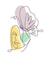 una sola mujer de dibujo de línea con la ilustración de vector de arte de línea de mariposa. Concepto de estilo de impresión minimalista retrato de botánica de mariposa de rostro abstracto femenino. diseño gráfico de dibujo de línea continua moderna