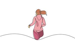 soltero continuo línea dibujo de joven contento salud corredor mujer corriendo a correr pista. divertido deporte trotar y sano estilo de vida concepto. de moda uno línea dibujar diseño vector gráfico ilustración