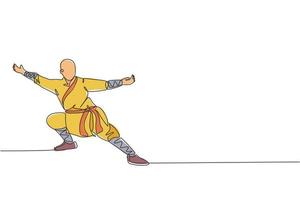 One continuous line drawing of young shaolin monk man practice kung fu style at temple ground . Traditional Chinese combative sport concept. Dynamic single line draw design vector graphic illustration