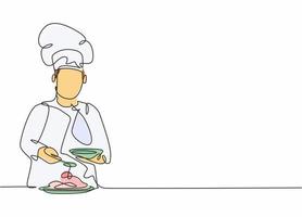 dibujo de línea continua única del joven chef masculino feliz vertiendo salsa en el plato principal para servir al cliente. preparación de alimentos saludables concepto de diseño de dibujo de una línea vector ilustración de minimalismo