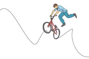 Single continuous line drawing of young BMX cycle rider show jumping into the air trick in skatepark. BMX freestyle concept. One line draw design vector illustration for freestyle promotion media