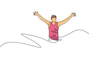 One continuous line drawing of young man athlete runner reach finish line. Individual sport, competitive concept. Dynamic single line draw design vector illustration for running competition poster