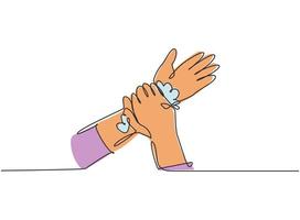 Single one line drawing of twelve steps hand washing by rubbing the wrists with soap and clean water. Clean hands from germs and bacteria. Continuous line draw design graphic vector illustration.