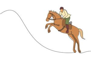 One continuous line drawing young horse rider man in jumping action. Equine training at racing track. Equestrian sport competition concept. Dynamic single line draw design vector illustration graphic