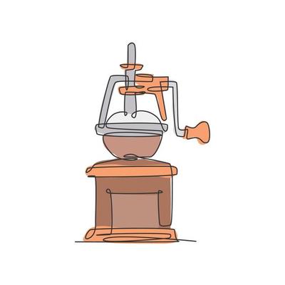 One single line drawing of manual handy wooden vintage coffee beans grinder logo vector illustration. Old classic coffee mill badge concept. Modern continuous line draw design beverage store logotype