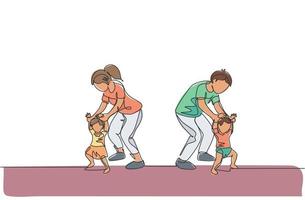 One single line drawing of young parents teaching their twin kids to walk at home vector illustration. Happy family parenting concept. Modern continuous line draw design