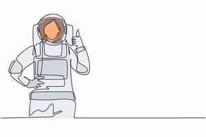 Single one line drawing of female astronauts with a thumbs-up gesture wearing spacesuits to explore space in search the mysteries of universe. Continuous line draw design graphic vector illustration