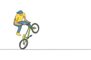 un dibujo de línea continua de un joven ciclista bmx que realiza trucos peligrosos en el parque de patinaje. Ilustración de vector de concepto de deporte extremo. diseño dinámico de dibujo de una sola línea para el cartel de promoción de eventos