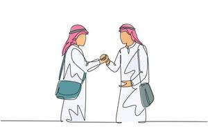 Single continuous line drawing of young muslim hook their hands together to celebrate success. Arab middle east businessmen with kandura, thawb, robe cloth. One line draw design vector illustration