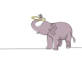 Single one line drawing of an elephant performs a circus show by turning a circle using its trunk. Cute animal which is very attractive. Modern continuous line draw design graphic vector illustration.