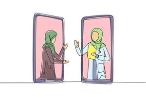 Una sola línea continua dibujando dos teléfonos inteligentes cara a cara y contienen a una paciente hijab y a una doctora hijab con sus cuerpos como si salieran de un teléfono inteligente. diseño gráfico de dibujo de una línea vector