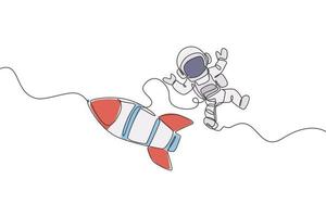 Single continuous line drawing of astronaut in spacesuit flying at outer space with rocket spacecraft. Science milky way astronomy concept. Trendy one line draw design vector graphic illustration