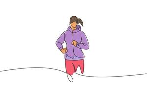 One continuous line drawing of young sporty runner woman relax running at countryside. Healthy lifestyle and fun jogging sport concept. Dynamic single line draw design vector illustration graphic