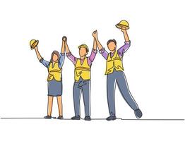 One line drawing of young architect woman and builder wearing construction vest fist their hands up the air to celebrate a project deal. Great teamwork concept. Continuous line drawing illustration vector