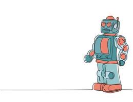 Un dibujo de línea continua de juguetes de robot de plástico vintage retro para niño. Juguete robótico clásico concepto de niños diseño de dibujo de una sola línea ilustración gráfica de vector