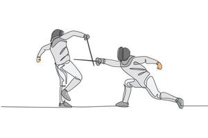 One continuous line drawing of two young men fencing athlete practice fighting on sport arena. Fencing costume and holding sword action concept. Dynamic single line draw design vector illustration